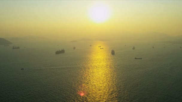 Aerial View Nautical Vessels Sunset Hong Kong — Stock Video