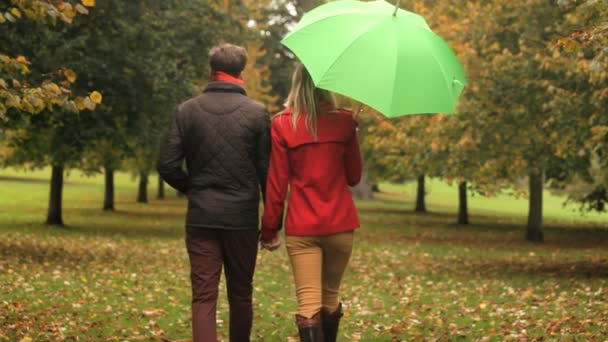 Люди под зонтиком осенью — стоковое видео