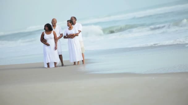 Senior etnische paren genieten van tijd op strand — Stockvideo