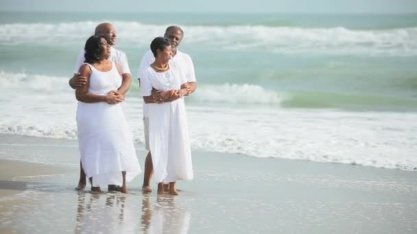 Idosos casais étnicos aproveitando o tempo na praia — Vídeo de Stock