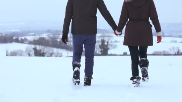 Par njuter av promenader genom snön — Stockvideo