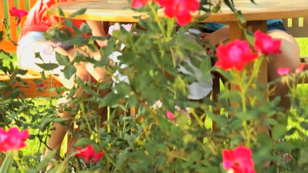 Mother with teenage daughters at home garden — Stock Video