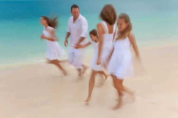 Motion Blur Image Healthy Young Caucasian Parents Children Having Fun — Zdjęcie stockowe