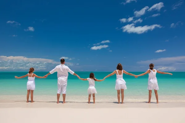 Happy Healthy Young Caucasian Family White Clothes Holding Hands Tropical — kuvapankkivalokuva