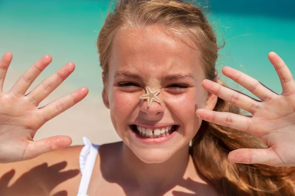 Portrait Healthy Young Caucasian Child White Clothing Starfish Her Nose — Stock Photo, Image