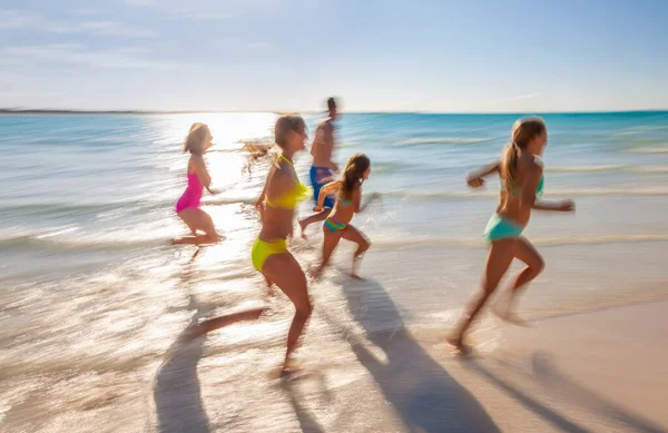 Motion Blur Happy Healthy Caucasian Family Wearing Colourful Swimwear Having — Photo