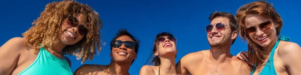 Panoramic View Multi Ethnic Friends Swimwear Sunglasses Smiling Blue Sky — kuvapankkivalokuva