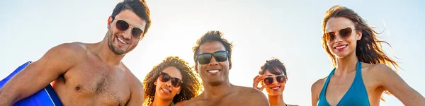 Panoramic Group Portrait Multi Ethnic Friends Swimwear Sunglasses Enjoying Beach — Stok fotoğraf