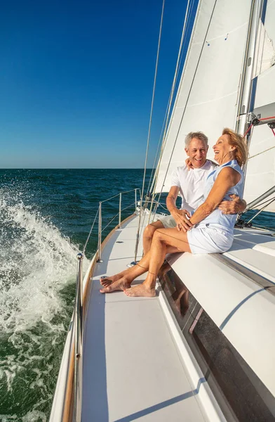 Carefree Retired American Couple Sitting Luxury Yacht Laughing Together Fun — Stock Photo, Image