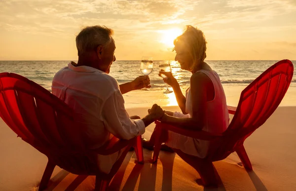 Liebendes Kaukasisches Rentnerpaar Genießt Zweisamkeit Strandurlaub Und Trinkt Wein Meer — Stockfoto