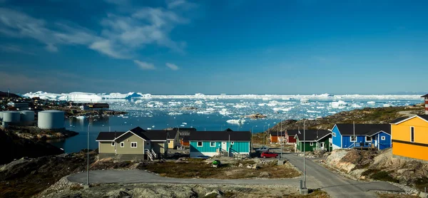 Panorama Western Greenland View Ilulissat Coastal Town Harbor Drifting Frozen — Stock Photo, Image