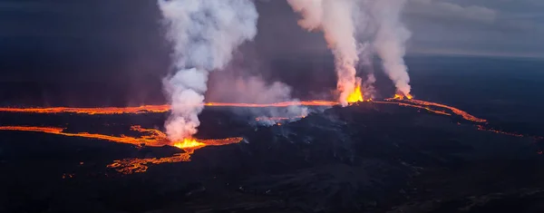 Aerial Panorama Icelandic Volcanic Lava Field Flowing Molten Magma Pouring — Stock Photo, Image