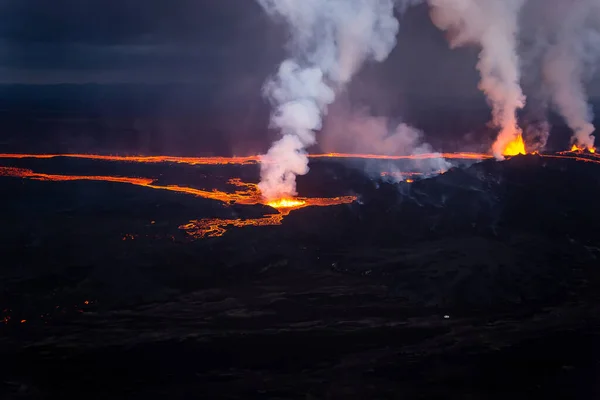 Aerial Iceland Fissures Erupting Hot Molten Lava Flowing Rivers Holuhraun — Stock Photo, Image