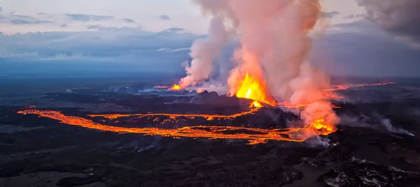Aerial Panoramic View Icelandic Volcanic Molten Lava Flowing Holuhraun Volcano — Stock Photo, Image