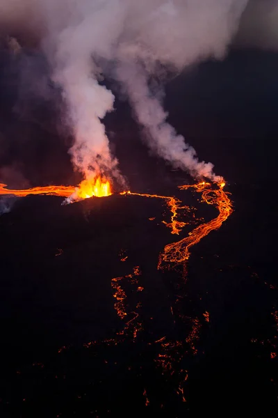 Aerial Panorama Iceland Vulkanikus Lávamező Áramló Olvadt Magma Ömlött Nyílt — Stock Fotó