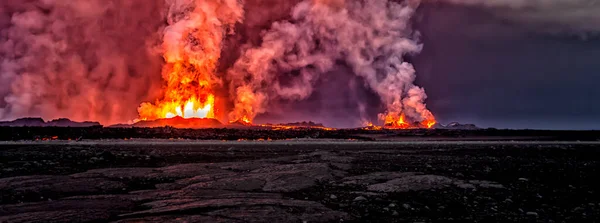 Aerial Panorama Land Fire Icelandic Volcanic Open Fissures Erupting Molten — Stock Photo, Image