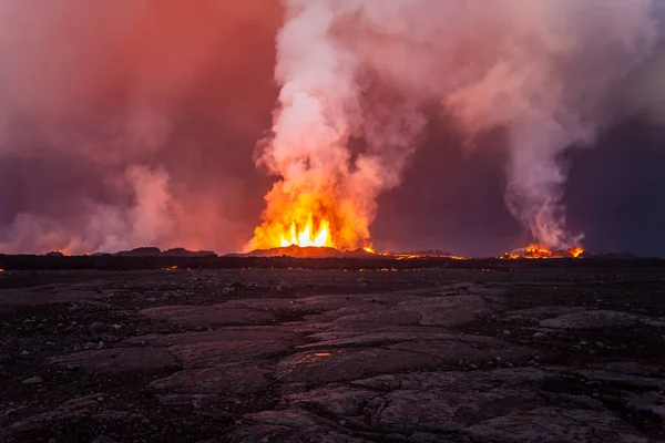 Aerial Icelandic View Open Active Volcanic Fissures Smoke Toxic Gases — Stock Photo, Image