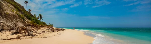 Panorama of tropical retreat at Bahamas beach resort with senior couple walking by ocean on romantic island vacation