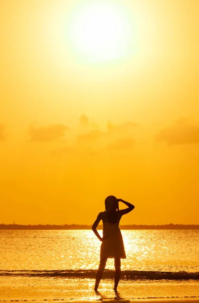 Silhuet Ung Afrikansk Amerikansk Kvinde Sommerkjole Ser Tropisk Ocean Solnedgang - Stock-foto