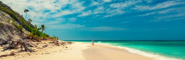 Panorama Dell Isola Paradisiaca Con Coppia Pensione Che Gode Una Immagine Stock