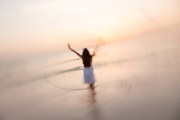 Happy Asian Girl Wearing White Dress Dancing Tropical Ocean Sunset Royalty Free Stock Images