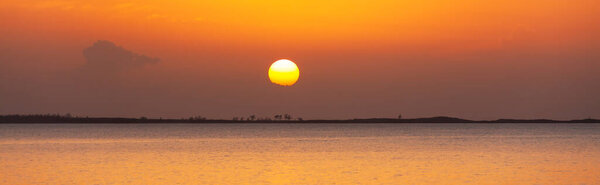 Panorama Beautiful Orange Sky Tranquil Ocean Idyllic Tropical Island Horizon Stock Photo