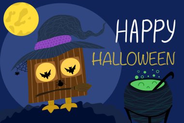 Mutlu Cadılar Bayramı. İksirli Cadılar Bayramı tebrik kartı, tavuk bacaklı kulübe. Dijital kağıt, tekstil baskısı, sayfa doldurma.