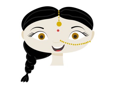 Koyu saçlı ve açık tenli 8 yaşındaki Hintli bir kızın el çizimi kafası. Küçük bir kızın vektör çizimi. Düz stil bir kızın komik kafası.