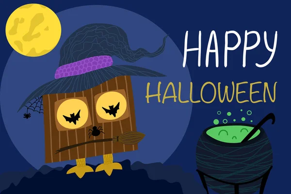 Mutlu Cadılar Bayramı. İksirli Cadılar Bayramı tebrik kartı, tavuk bacaklı kulübe. Dijital kağıt, tekstil baskısı, sayfa doldurma.