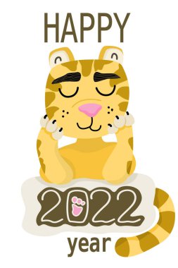 Yeni yıl kartında karşılama yazısı ve şirin bir kaplan var. 2022 Çin Yeni Yılı 'nın sembolü kaplandır..