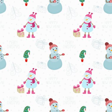 Kardan adamların, köknar ağaçlarının ve hediyelerin olduğu kusursuz Noel şablonu. Kağıt sarmak ve kumaş üzerine baskı yapmak için yeni yıl deseni