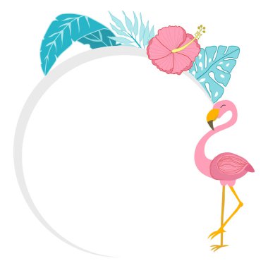 Flamingolar, palmiye yaprakları ve amber çiçeğiyle süslü bir çerçeve. Metin için tropik şirin vektör çerçevesi. Özel teklif afiş şablonu. Yaz seyahati tanıtım çerçevesi