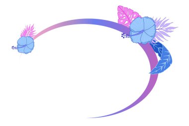 Tropikal yaprakları ve çiçekleri olan bir çerçeve. Pankart için boş, eflatun ve pembe renkli davetiye. Web sitesi için çiçek çerçevesi