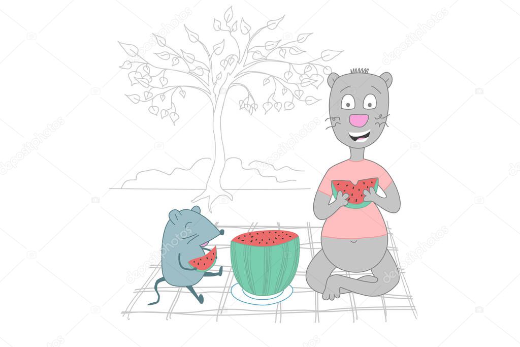 Cartoon cat and mouse eating watermelon at a picnic. Summer pastime for friends. Picnics in nature comic. Animal print to print