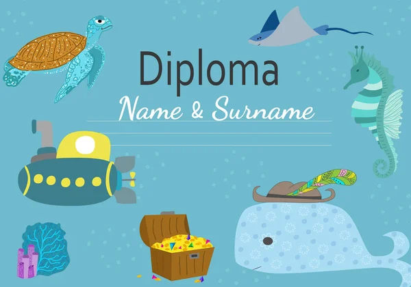 Prestatiediploma Voor Kinderen Vector Diploma Template Met Schattige Zeebewoners — Stockvector