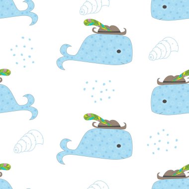 Marine pattern with a whale. Cute whale hat with feather hand drawn design. Print with a whale for wallpaper and textiles in the nursery