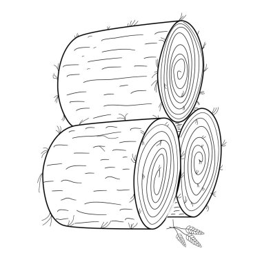 Üç yuvarlak saman yığını elle çizilmiş vektör çizimi. Sığır çiftliği skecinde saman topluyorum.