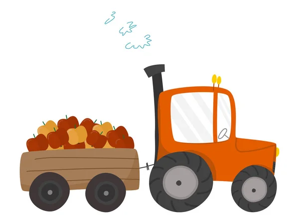 Ένα τρακτέρ με ρυμουλκούμενο μεταφέρει τα μήλα που συγκομίζονται. Εικονογράφηση φορέα γεωργίας και συγκομιδής — Διανυσματικό Αρχείο