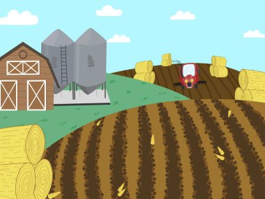 Buğday hasadı. Bir tarlayı, bir hangarı, bir deniz fenerini ve depolama için bir asansörü birleştirir. Tarım arazisi