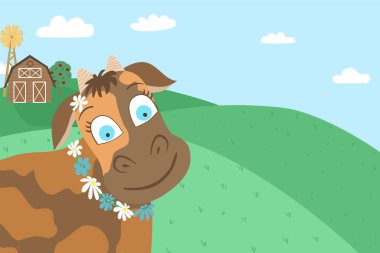 Çiçekli bir ineğin çizgi film karakteri ve arka planda hangarı olan bir çiftlik manzarası. Telif alanına sahip tarım ve tarım geçmişi