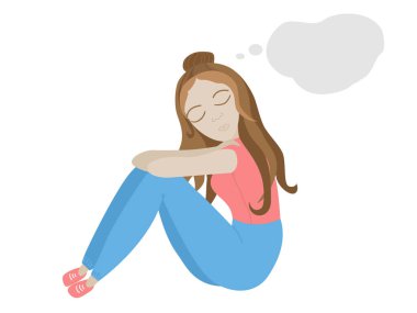 Kız rüya vektör illüstrasyonu. Oturup dizlerine sarılan ve hayaller kuran tatlı bir kızın karakteri..