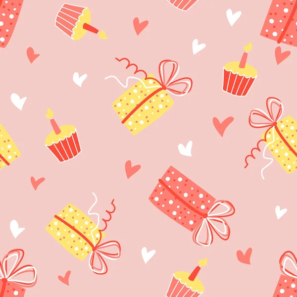 Valentinstag Muster nahtlosen Vektor. Geschenkschachteln und Cupcakes Muster zum Geburtstag. Muster für Geschenkverpackung und Druck auf Textilien — Stockvektor