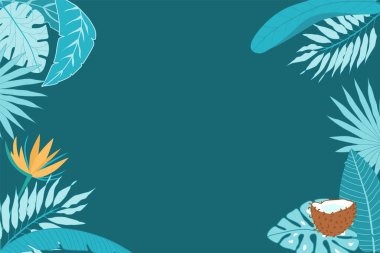 Palmiye yapraklı, hindistan cevizli, çiçekli metin için vektör çerçevesi. Pankarttaki tropikal bitkiler