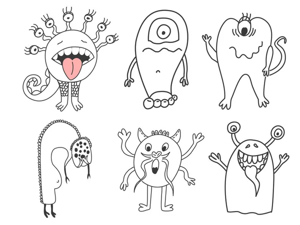 Monster Doodle Ditetapkan Vektor Ilustrasi Tangan Lucu Menggambarkan Karakter Rakasa - Stok Vektor