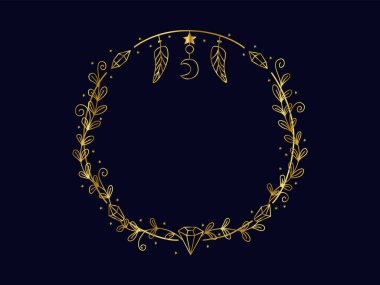 Astrolojik tahmin için vektör altın çerçeve. Bir astrologun metni için şablon, tahminler için. Vektör el çizimi resimleme