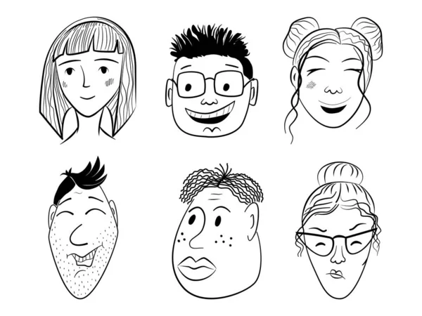 Doodle comic people faces vector set. Cabezas dibujadas a mano de mujeres y hombres en filas. Boceto cara y cabeza vector — Vector de stock