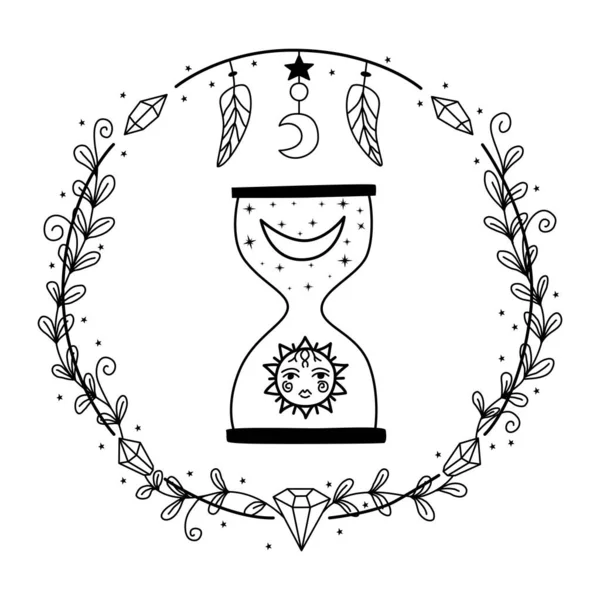 Hand drawn hourglass with sun and moon. Astrological symbol with clock. Magic time. Witch symbol for divination — Stock Vector