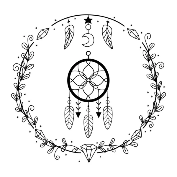 Dreamcatcher handgezeichnete Doodle Illustration. Talisman des Schutzes in Astrologie und Akkultismus. Magische Zeit. Hexensymbol für Weissagung — Stockvektor