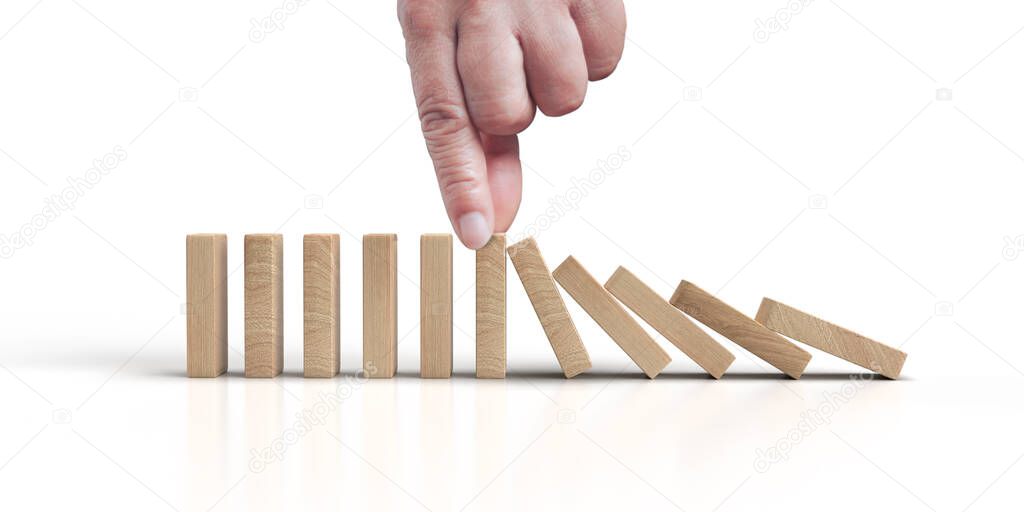 hand stop domino business crisis impact wooden or hedging concept on a white background.