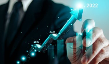 İş geliştirme başarısı ve büyüyen büyüme konsepti, İş adamı nokta nokta çizgi çizgisi kurumsal gelecek büyüme planı